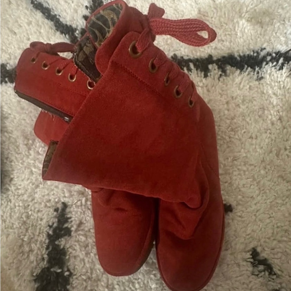 Red Suede Lace-Up Women's Ankle Boots
